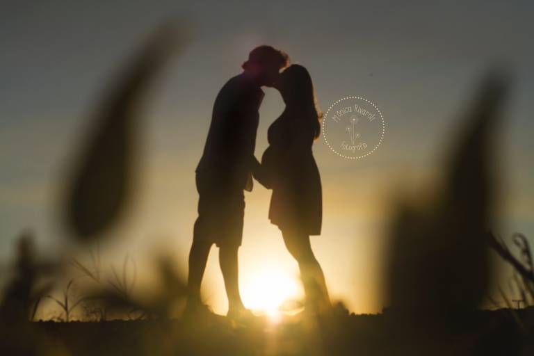 Silhueta de um casal se beijando, no meio da soja, com um sol radiante no meio deles 