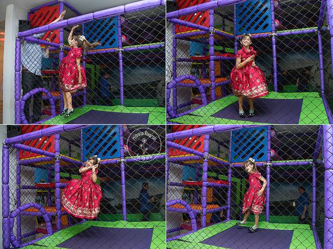 Montagem de quatro fotos da Julia no pula-pula, na sua festinha de sete anos 