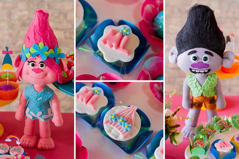 Montagem com quatro fotos de docinhos e bonequinhos do filme trolls