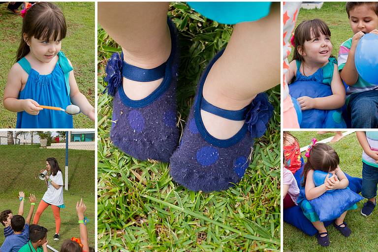 Montagem com cinco fotos da Malu se divertindo na sua festinha de quatro anos 
