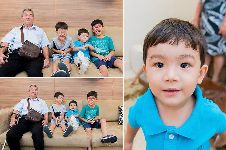 Montagem de 3 fotos do Emanuel com seus primos e avôs e ao lado uma só dele 