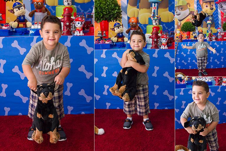 Montagem de quatro fotos do Math brincando com a sua decoração, na sua festinha de 3 anos 
