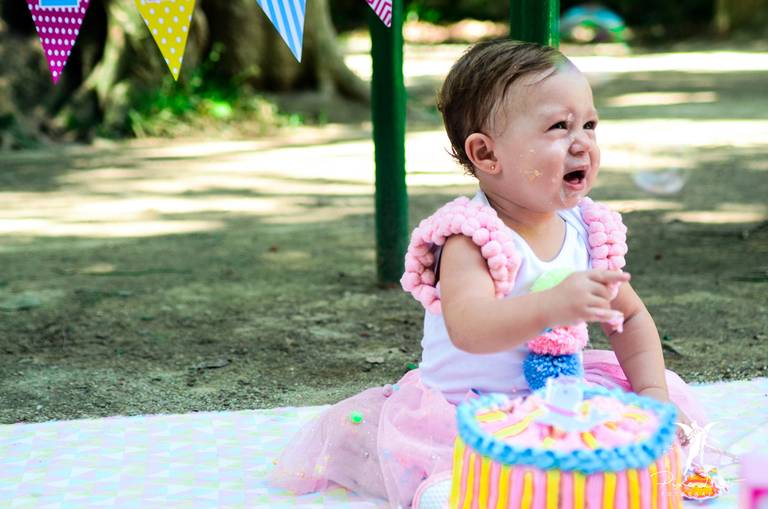 Bebê chorando no Parque Laje ao lado do seu bolo de aniversário