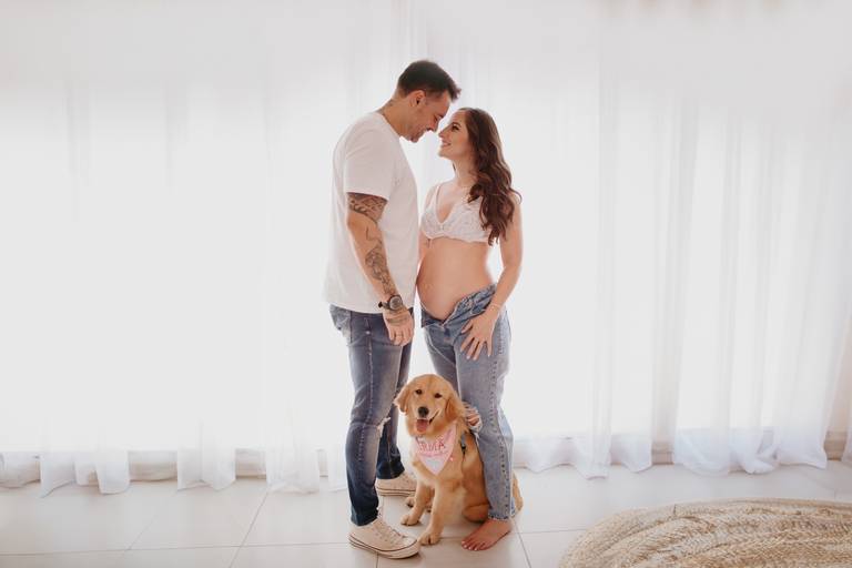 ensaio gestante no estudio com cachorro goldem foto pinterest