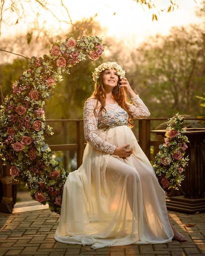 Fotografia de gestante em Cuiabá, com figurino próprio. Fotos em estúdio e externo.