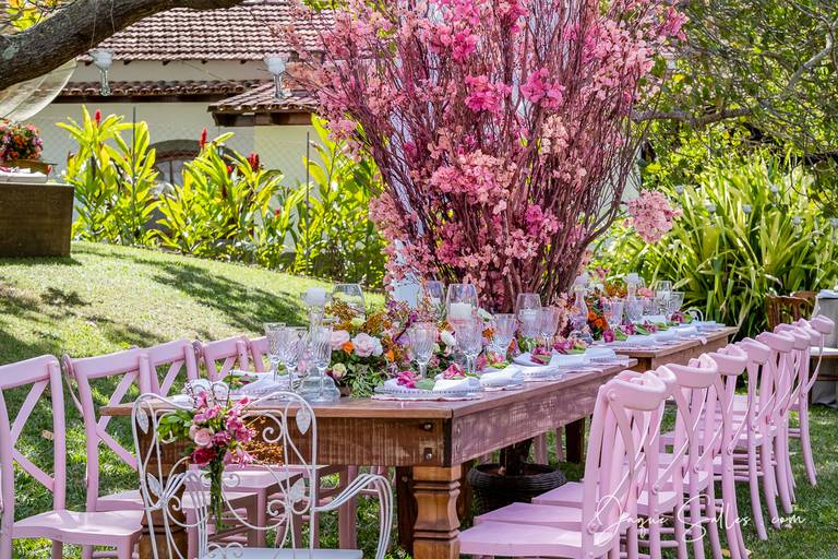 Fotografia de Casamento - Idéias para Decoração de Casamento de Dia e ao Ar Livre.  Mesa decorada em madeira rosa para os Noivos e seus pais. Imagens da Fotógrafa de Casamento Jaque Salles 