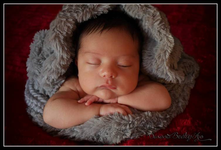 Newborn - Bebe con la cabeza apoyada sobre los brazos, cubierto con piel sintetica gris