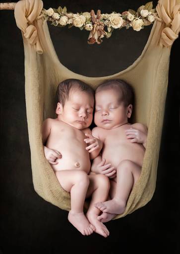 newborn - Fotografía newborn de mellizos recién nacidos abrazados, retrato tierno en estudio fotográfico profesional.