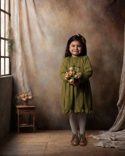 retrato de niña con ramillete de flores en una habitación vintage fine art