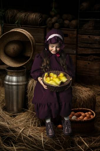 Niña en un granero con un cesto con patitos vestuario vintage fine art