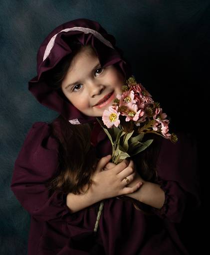 Retrato de niña con vestuario vintage con flores fine art