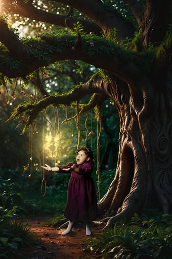 niña con vestuario campestre jugando con hadas en un bosque fine art