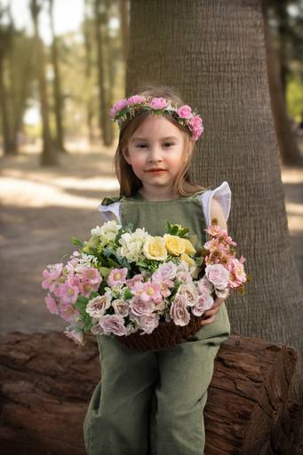 niña en un bosque con una cesta con flores fine art