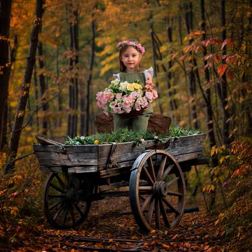 Niña sentada sobre una carreta, con un cesto con flores en un bosque