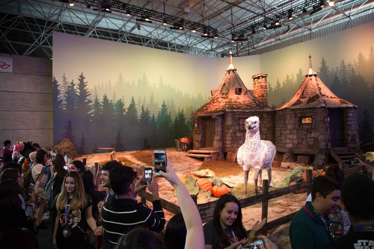 Cenário temático de Harry Potter montado em uma feira, com detalhes que remetem ao universo mágico.