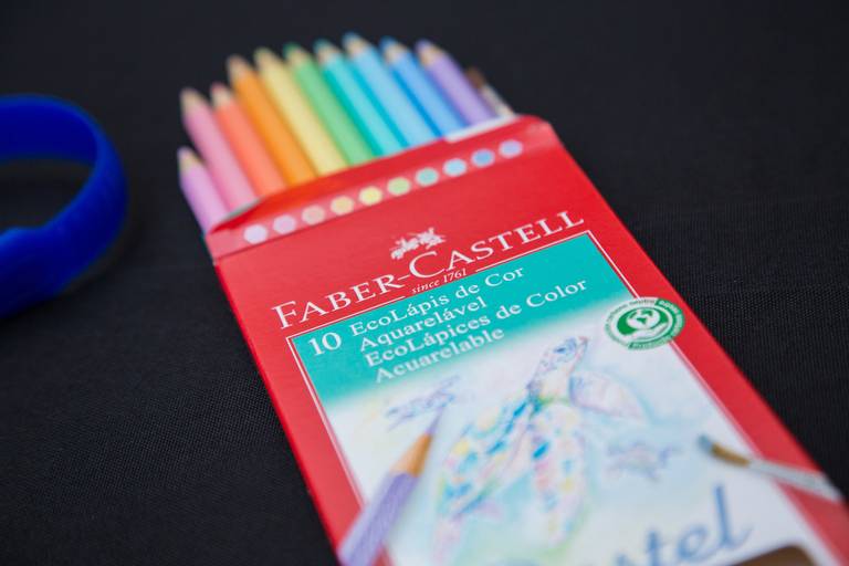 Close-up de uma caixa de lápis de cor, mostrando a organização e a variedade de cores disponíveis para os participantes do workshop.