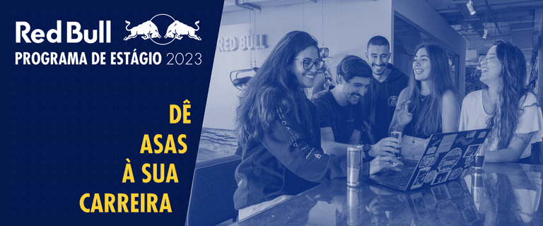 Banner vibrante da Red Bull, ilustrando o programa de estágio com foco em inovação e energia da marca.