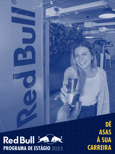 Banner para o programa de estágio da Red Bull, destacando a cultura jovem e oportunidades de desenvolvimento.