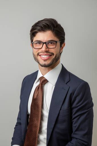 Retrato masculino de Homem (óculos, terno azul escuro, gravata vinho) sorrindo, em pose tradicional para foto profissional. (Galeria Retratos, São Paulo, Fotógrafo Bruno Arita)