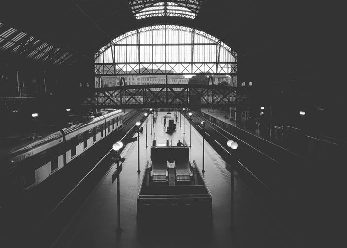 Estação da Luz em São Paulo, em silhueta, em uma fotografia em preto e branco, destacando sua arquitetura icônica.