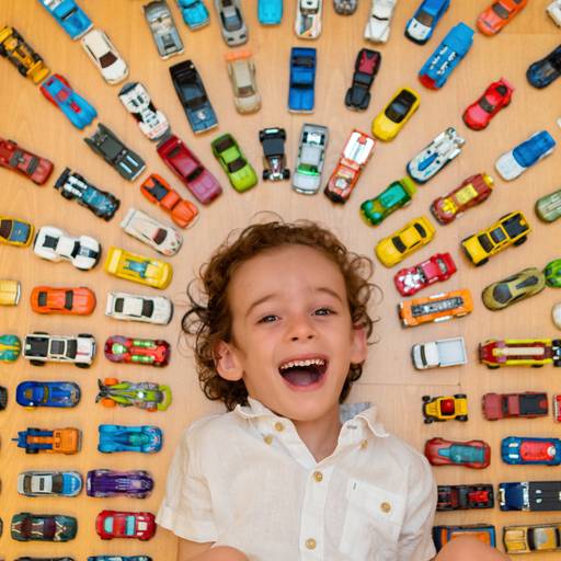 criança com carrinhos envolta