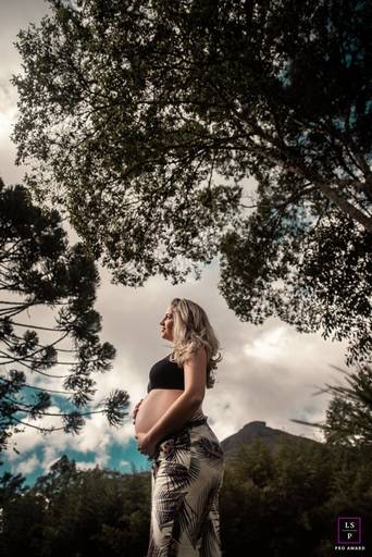 Fotografia de Gestante en Nova Friburgo - foto da gestante enquadrada pela copa das árvores e pelas montanhas
