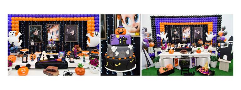 Decoração de festa de aniversário infantil com tema Hotel Transilvânia. Bolo fake halloween. Detalhes festa menina