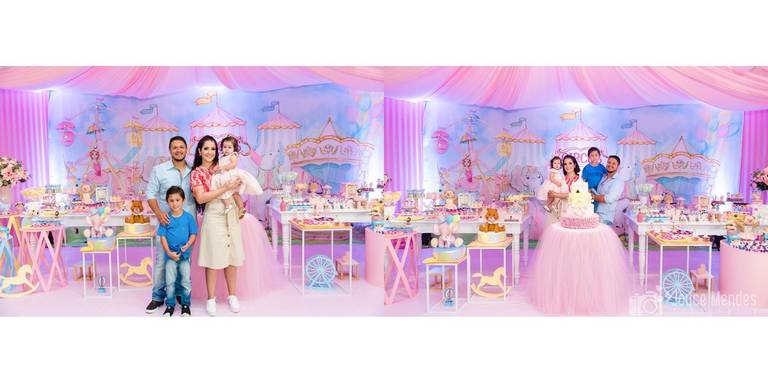 Família comemora primeiro ano da filha com festa maravilhosa com o Tema Circo Rosa