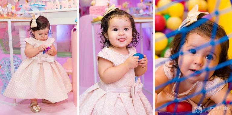 Aniversariante comendo, aniversariante mostrando a linguá e aniversariante na piscina de bolinhas