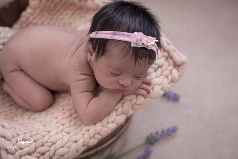 bebê Newborn deitado em cesto com detalhes de lavandas 