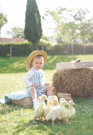bebé na quinta rustico com patos