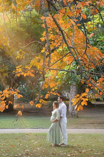 Gestante em ensaio no Jardim Botânico, cercada por árvores iluminadas pelo sol da tarde.