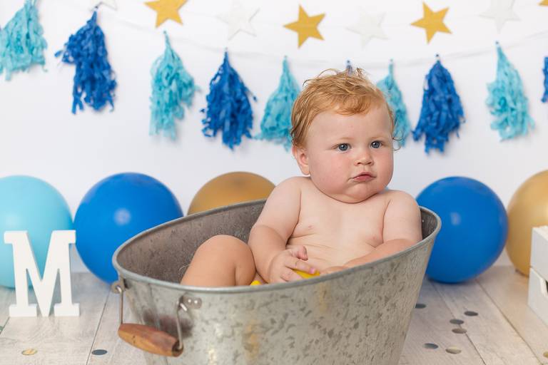 Babydi, Smash the Cake, azul e dourado, banho