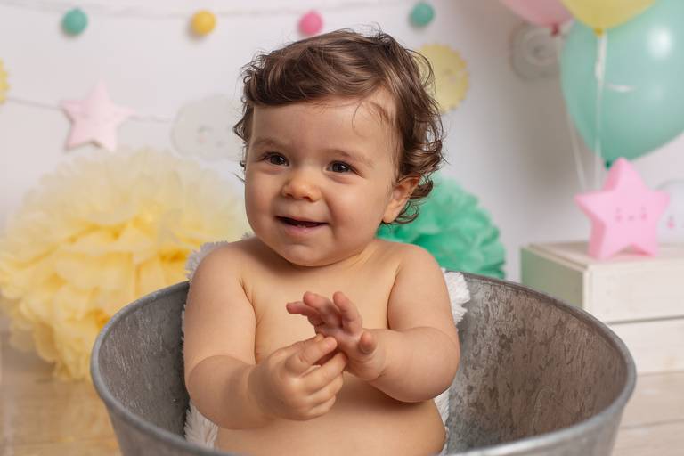 BabyDi, Smash the Cake verde agua, cor de rosa e amarelo, Estrelinhas e nuvens, banho