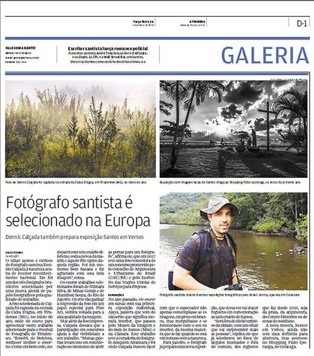 Matéria destacando trabalho fotográfico de Dennis Calçada na seção Galeria do Jornal A Tribuna, de Santos-SP