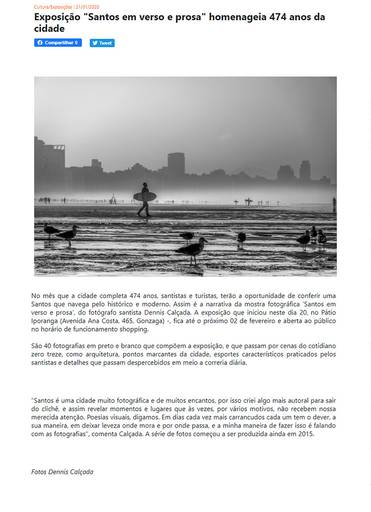 Exposição Santos em verso e prosa, de Dennis Calçada, é notícia no site do Jornal da Orla