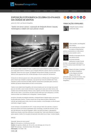 Exposição Santos em verso e prosa, de Dennis Calçada, é notícia no site Resumo Fotográfico