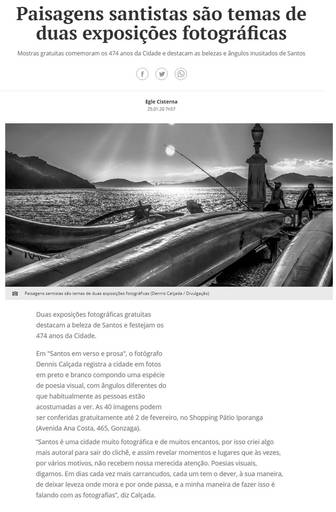 Exposição Santos em verso e prosa, de Dennis Calçada, é notícia no site d do jornal A Tribuna