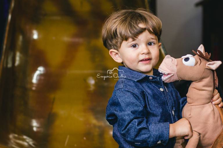 fotografia aniversário criança brincando com boneco cavalo toy story bala no alvo