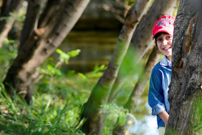 menino de chapeu atras da arvore