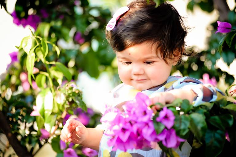 crianca mexendo nas flores em jardim