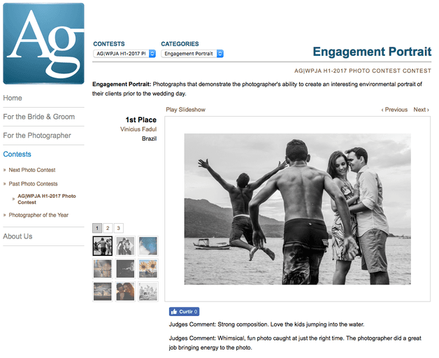 Vinicius Fadul fotografo de casamento em Campinas ganhou um premio de fotografia de casamento documental artística pela associação americana AGWPJA com esta foto do casal e garotos pulando no mar confiam no site viniciusfadul.com.br