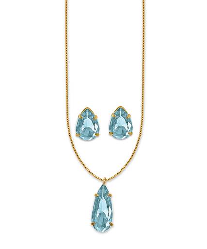 Conjunto de Brincos e Gargantilha Gotas Folheados a ouro com pedras de vidro
Ref. 44212.7
R$36,90