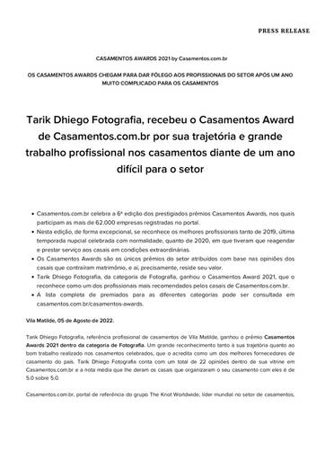 Press release Casamentos Awards 2021