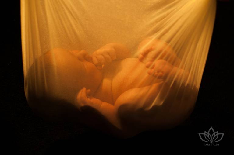 Ensaio newborn bebê recém nascido dentro de saco em contra luz pose imitando bebê dentro do útero.