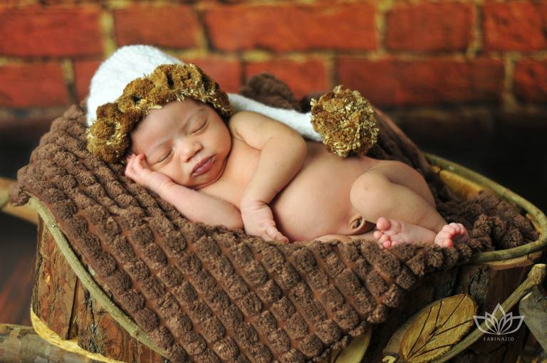 Ensaio Newborn com bebê menino recém nascido dormindo no carrinho de mão rústico de madeira com touca newborn comprida.