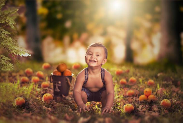 bebe no jardim com laranjas