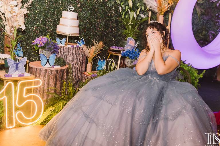 debutante na mesa do bolo borboleta - fotografa em sbc sp