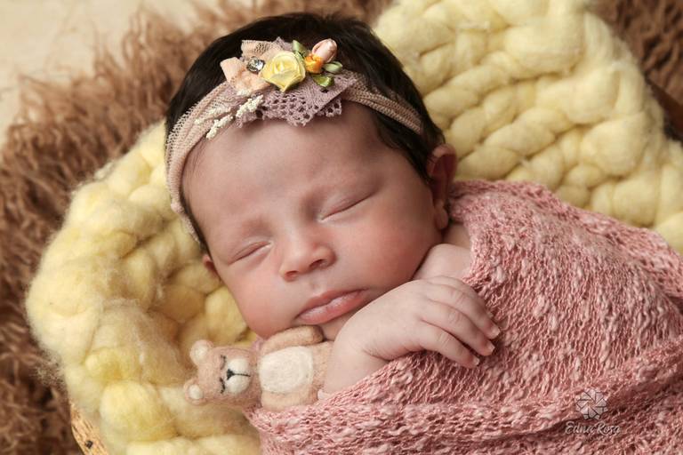 bebe co tiara na cabeça enrolado no wrep cor de rosa e segurando  ursinho
