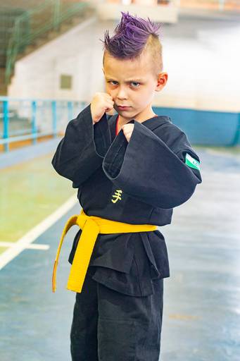 retrato infantil de garoto de cabelo roxo e olhos azuis com kimono preto com faixa amarela 
equipe power